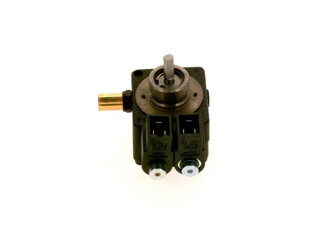 Bosch Ölpumpe mit einem zylindrischen Gehäuse, einer zentralen Achse und zwei Anschlüssen für elektrische Verbindungen.
